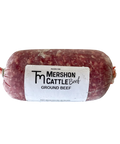 Rolled ground beef with Mershon Cattle Beef label on a white background