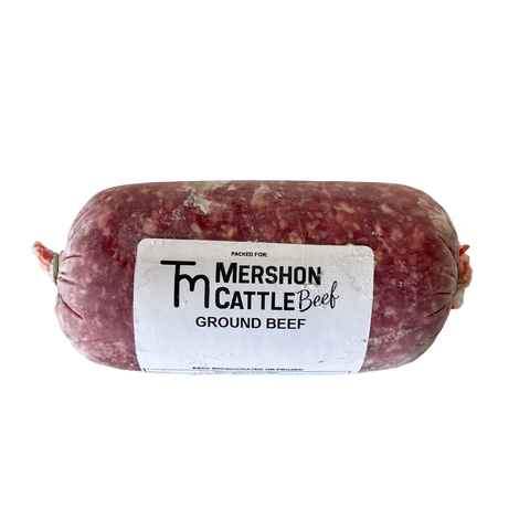 Rolled ground beef with Mershon Cattle Beef label on a white background