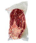 Vacuum-sealed package of raw beef on a white background