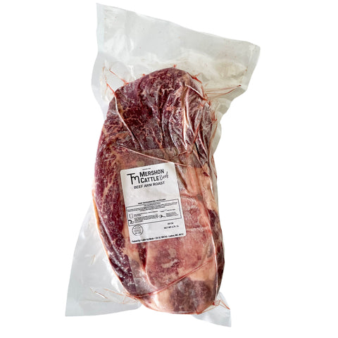 Raw steak in a vacuum-sealed package with a label on a white background