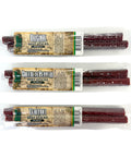 Packaged beef sticks of varying flavors including Original, Cheese & Peppers and Teriyaki on a white background