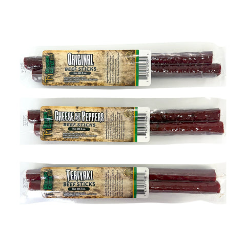 Packaged beef sticks of varying flavors including Original, Cheese & Peppers and Teriyaki on a white background