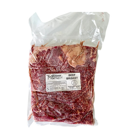 Bag of beef brisket with a label on a white background