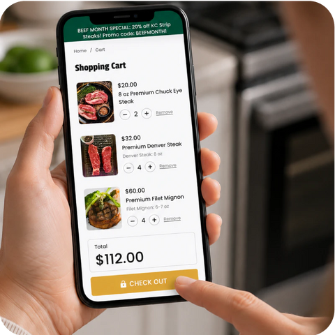 Hand holding a smartphone displaying a shopping cart with meat items and a total price.