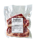 Packaged beef chuck eye steak with Mershon Cattle label on a white background
