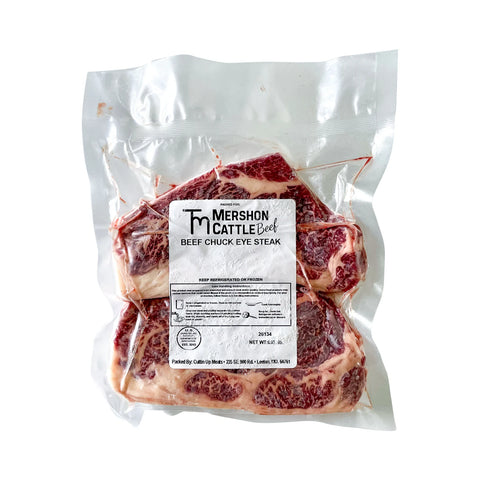 Packaged beef chuck eye steak with Mershon Cattle label on a white background