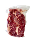 Vacuum-sealed package of raw red meat on a white background