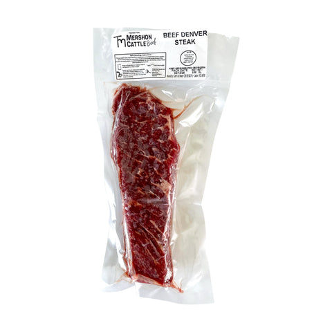 Beef Denver steak in a vacuum-sealed package with Mershon Cattle Co. branding on a white background.
