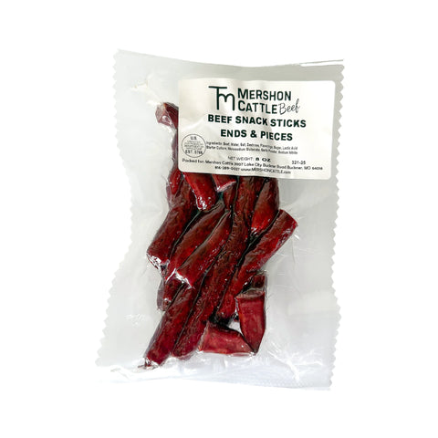 Packaged Beef Sticks Ends and Pieces from Mershon Cattle on a white background