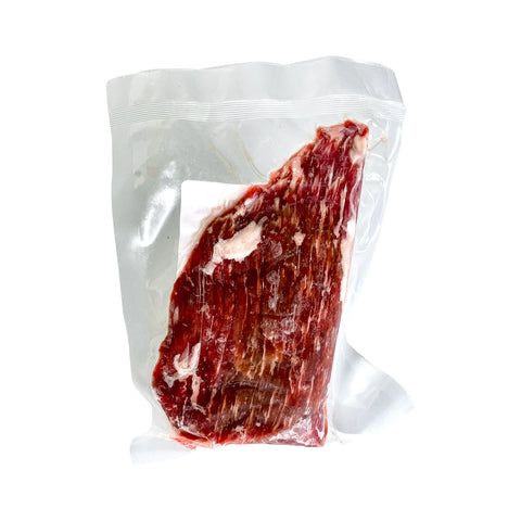 Vacuum-sealed package of raw meat on a white background