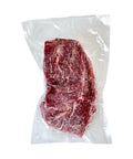 Vacuum-sealed raw steak on a white background