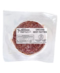Packaged ground beef patties with Mershon Cattle Beef label on a white background