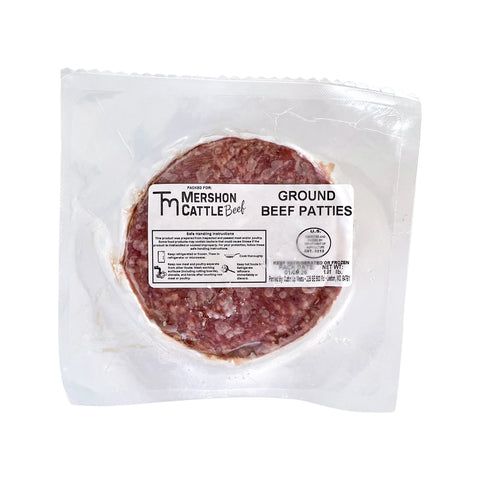 Packaged ground beef patties with Mershon Cattle Beef label on a white background
