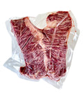 Vacuum-sealed raw steak on a white background