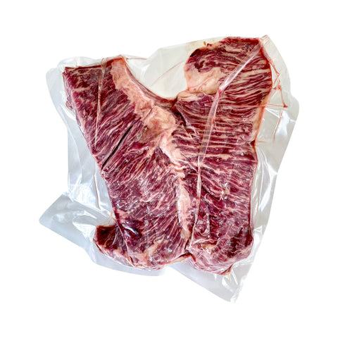 Vacuum-sealed raw steak on a white background
