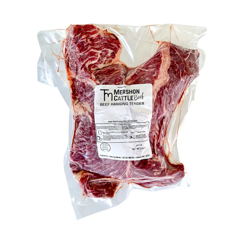 Packaged beef with Mershon Cattle label on a white background