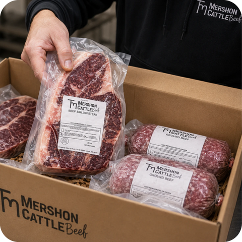 Box of Mershon Cattle Beef with a hand holding a package