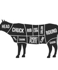A black cow silhouette filled with labeled meat cut sections such as head, chuck, rib, short loin, sirloin, round, brisket, shank, short plate, flank, and shank, on a white background.