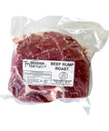 Beef rump roast in a vacuum-sealed package with a label on a white background