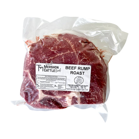 Beef rump roast in a vacuum-sealed package with a label on a white background
