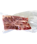 Vacuum-sealed package of raw meat on a white background