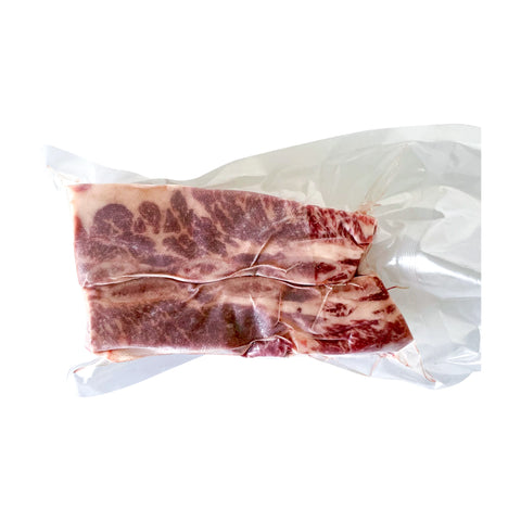 Vacuum-sealed package of raw meat on a white background