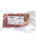 Packaged beef short ribs with a Mershon Cattle label on a white background