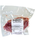Packaged beef sirloin steak with Mershon Cattle label on a white background