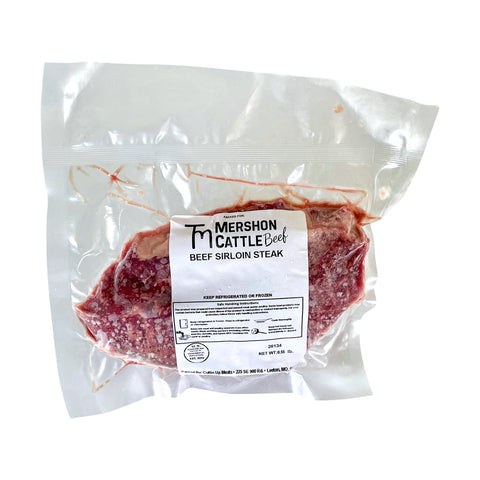 Packaged beef sirloin steak with Mershon Cattle label on a white background