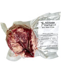 Packaged beef skirt steak with Mershon Cattle Beef label on a white background