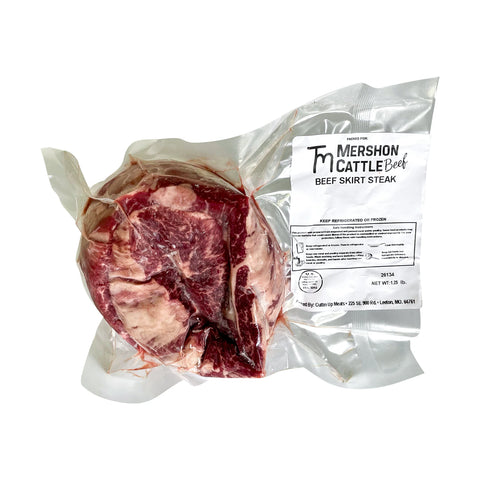 Packaged beef skirt steak with Mershon Cattle Beef label on a white background