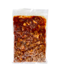 Packaged BBQ Beef with sauce in a clear plastic bag on a white background