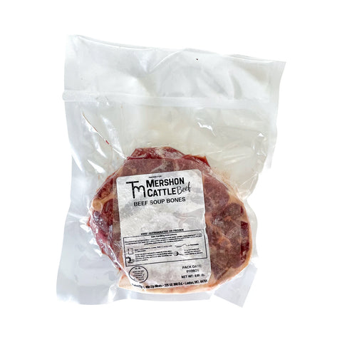 Packaged beef soup bones with Mershon Cattle Co. label on a white background