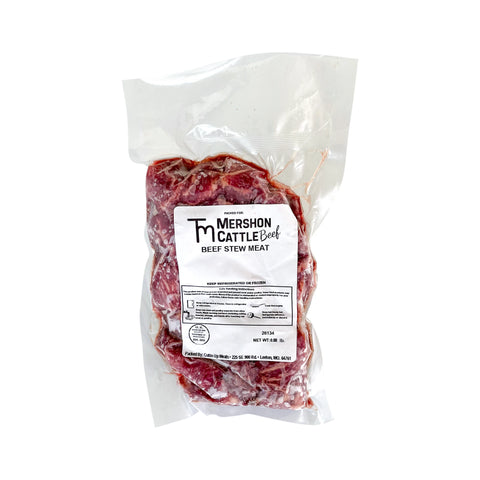 Package of Mershon Cattle beef stew meat on a white background