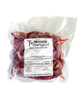 Package of Mershon Cattle Beef for Stir Fry on a white background