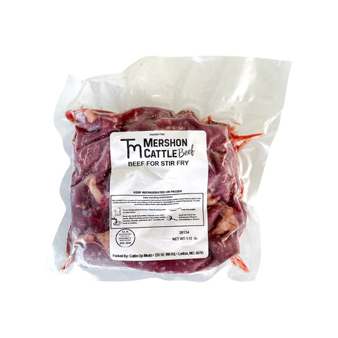 Package of Mershon Cattle Beef for Stir Fry on a white background