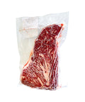Vacuum-sealed raw steak in a clear plastic bag on a white background