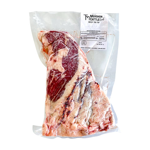 Vacuum-sealed beef tri tip package with Mershon Cattle Beef label on a white background