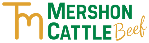 Mershon Cattle Beef logo with a stylized 'm' and text in green and orange.